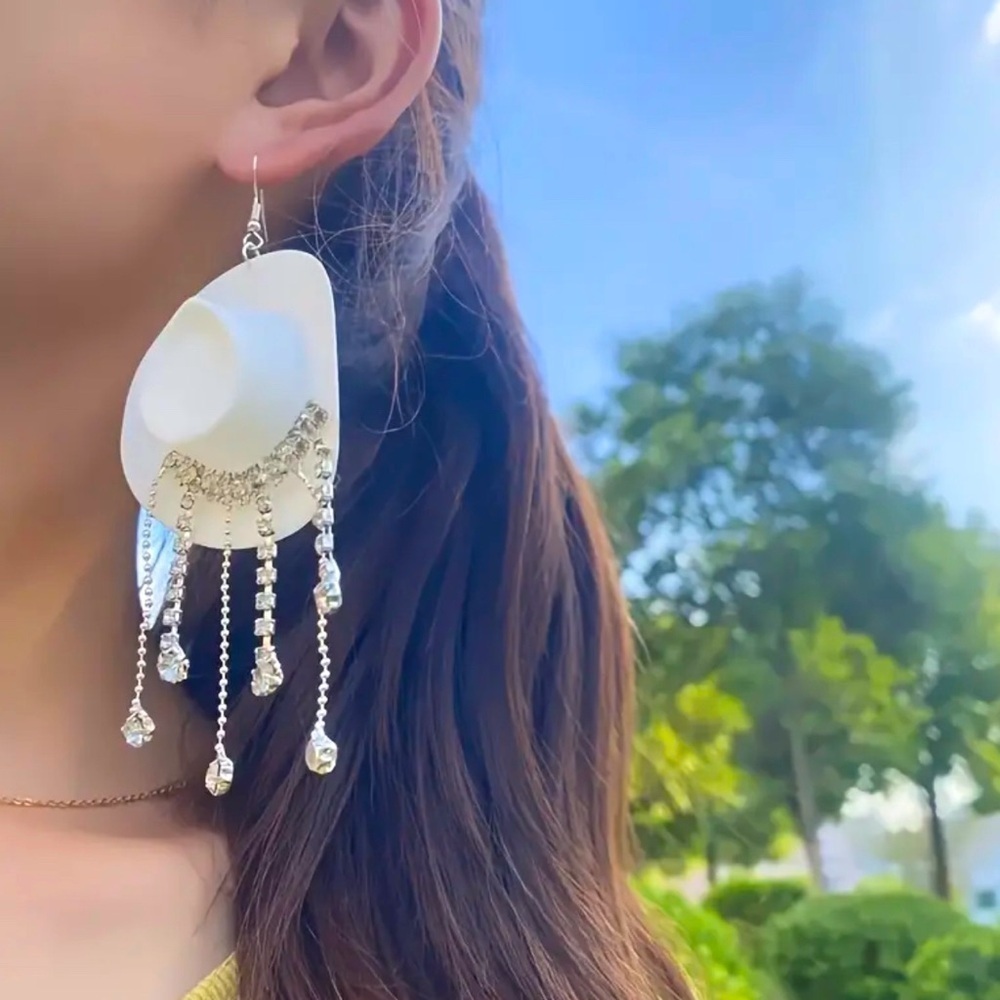 White Cowboy Hat Rhinestone Dangle Earrings